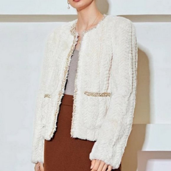 elegant contrast binding hook closure fuzzy coat chic classic - Picture 5 of 10